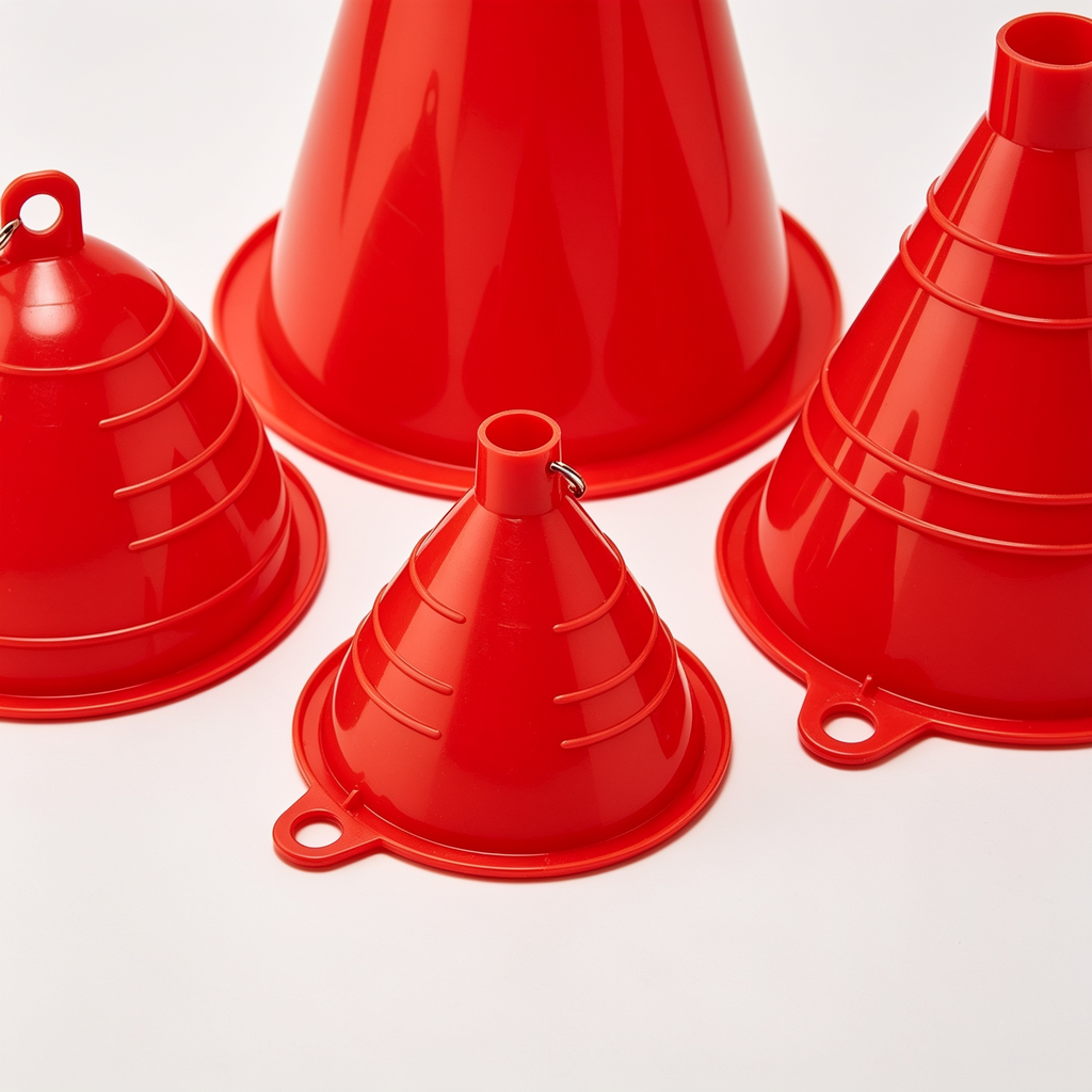 LittleKitchen Trichter-Set 4-teilig, Rot | Robuste Einfülltrichter aus bruchsicherem HD-PE mit Entlüftungsrippen & Aufhängeöse – Chemikalienbeständig für Küche, Bad & DIY