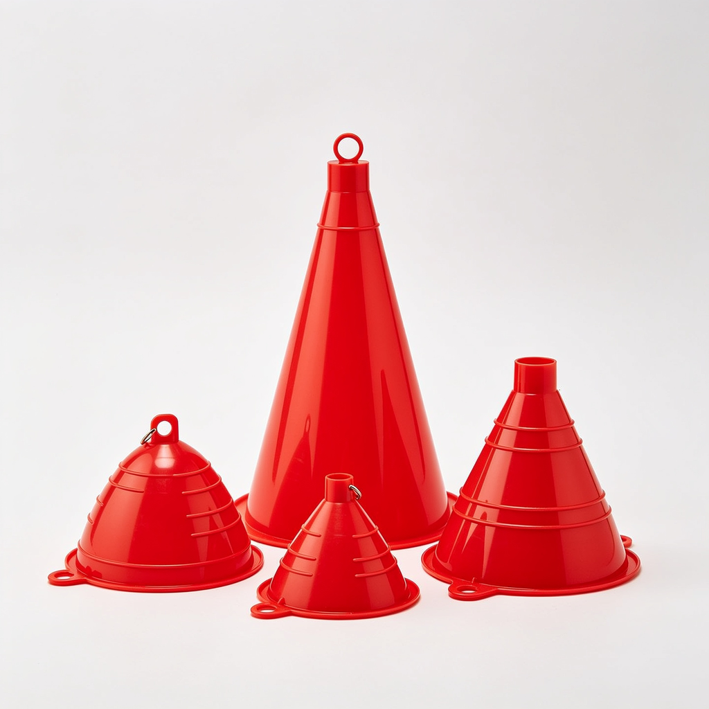 LittleKitchen Trichter-Set 4-teilig, Rot | Robuste Einfülltrichter aus bruchsicherem HD-PE mit Entlüftungsrippen & Aufhängeöse – Chemikalienbeständig für Küche, Bad & DIY