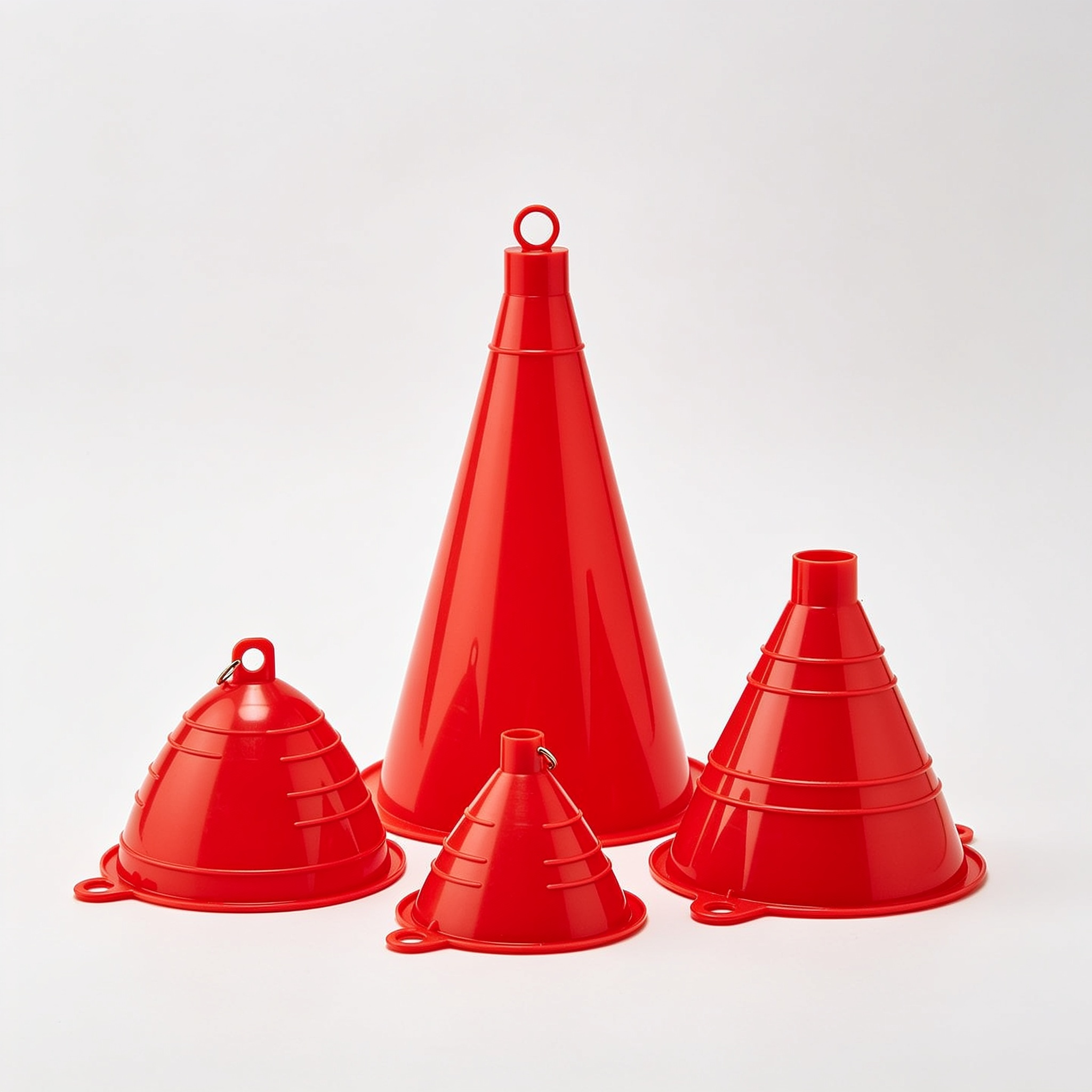 LittleKitchen Trichter-Set 4-teilig, Rot | Robuste Einfülltrichter aus bruchsicherem HD-PE mit Entlüftungsrippen & Aufhängeöse – Chemikalienbeständig für Küche, Bad & DIY