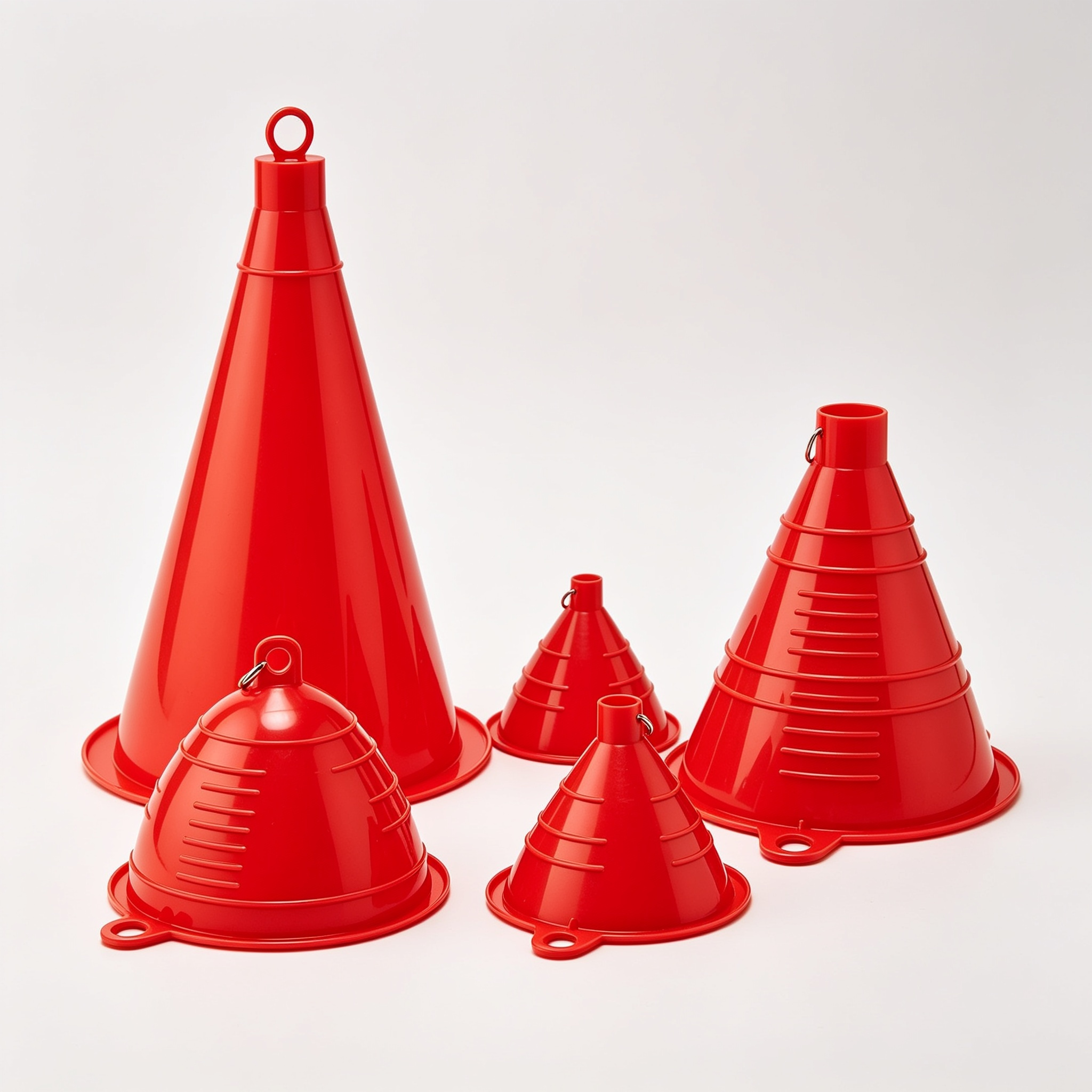 LittleKitchen Trichter-Set 4-teilig, Rot | Robuste Einfülltrichter aus bruchsicherem HD-PE mit Entlüftungsrippen & Aufhängeöse – Chemikalienbeständig für Küche, Bad & DIY